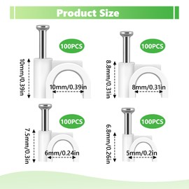 Cable clamps, nail clamps, 400 pieces, cable holders with inserted nail brackets, cable attachment for power cables, 4 white, sizes 5/6/8/10 mm, power strip, wall mounting