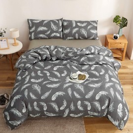 Adam Home Printed Duvet Cover Set (Feather Charcoal King)- Ultra Soft Printed Quilt Cover Set- 1 Duvet Cover & 2 Pillow Case-Luxurious Brushed Microfiber Comforter Cover Set-Bedding Set