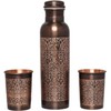 Copper Water Bottle with 2 Tumblers Set, Floral Pattern for