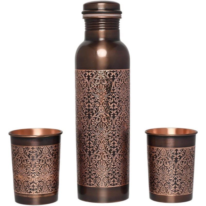 Copper Water Bottle with 2 Tumblers Set, Floral Pattern for