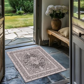 EVERGRACE Faux Wool Area Rugs 2'x 3' Boho Medallion Rugs for Living Room Indoor Outdoor Rugs for Bedroom Dining Room Entryway Kitchen Low Pile Washable Floor Mat Carpet, Taupe Gray