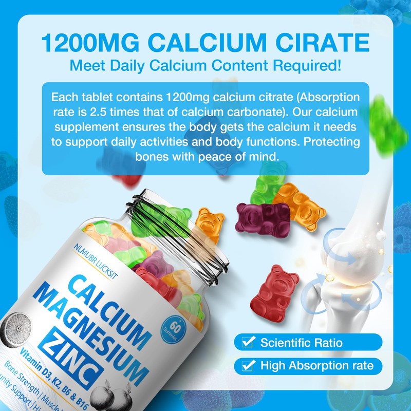 NLMUBR LUCKSIT Calcium Citrate Magnesium Zinc Gummies, Calcium 1200 mg