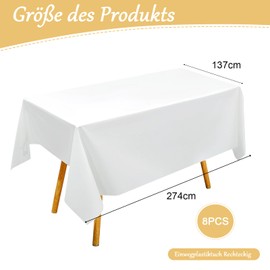Disposable Tablecloth, White, Pack of 8 Plastic Tablecloths, 137 x 274 cm, Premium Rectangular Table Cover, Garden Tablecloth, Waterproof Birthday Tablecloths for Wedding, Party, Barbecue, Picnic