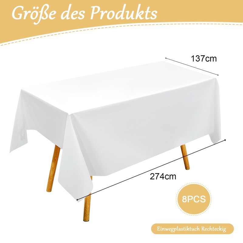 Disposable Tablecloth, White, Pack of 8 Plastic Tablecloths, 137 x
