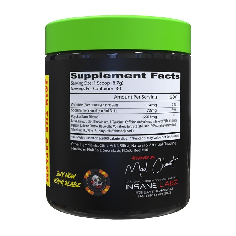 Insane Labz Psycho Sam, High Stimulant Pre Workout Powder, 30