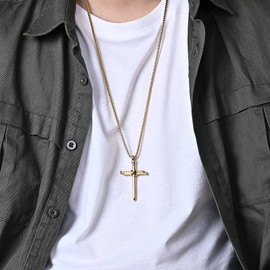 Dreuyet Nail Cross Necklace for Men Stainless Steel Vintage Polished Black Gold Silver Nail Cross Pendant Chain 24 inch Strength Bible Verse Cross Necklace Christian Jesus Jewelry Gifts (Gold)