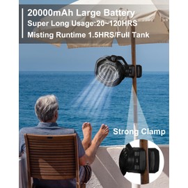 Portable Rechargeable Misting Fan with 12oz Mist, Battery Life Display, Remote, Timer, Light, 5 Speeds, 9-Inch, 20000mAh 120H Battery Powered Clip Fan for Stroller, Travel, Outdoor, Poweroutage