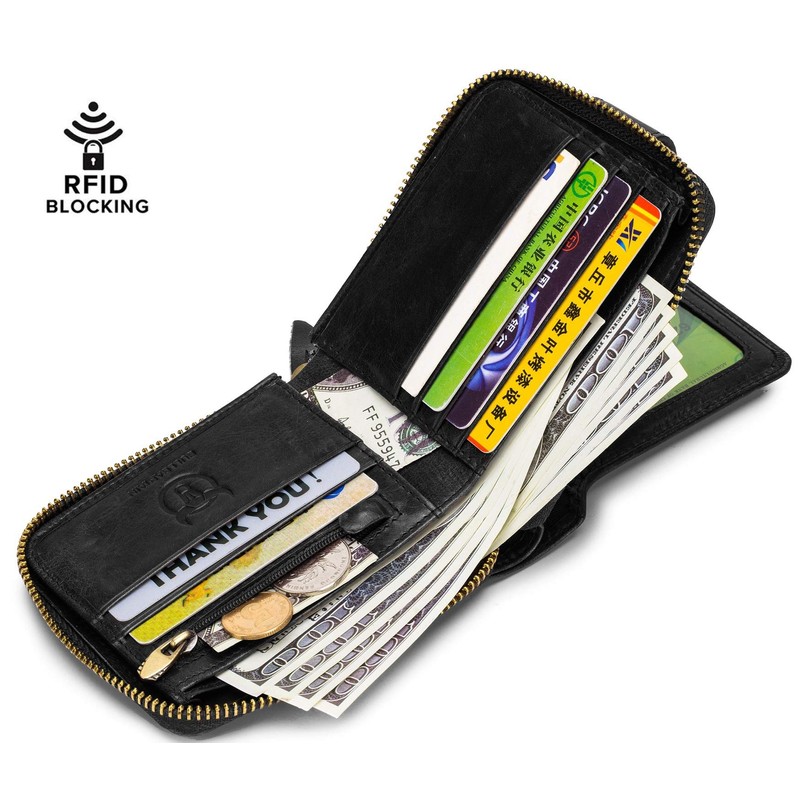 BULLCAPTAIN Mens Genuine Leather Zipper Wallet RFID Blocking Bifold Zip