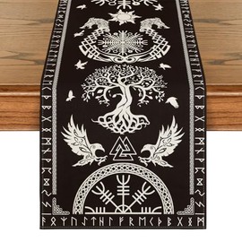Artoid Mode Camino de mesa Árbol de la Vida Negro Vikingo Casco del Temor Cuervo, decoración de mesa de cocina y comedor para fiestas en el hogar, estacional, 13x72 pulgadas