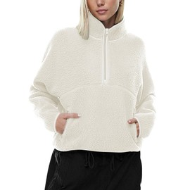 LASLULU Womens Half Zip Pullover Sherpa Jacket Fleece Faux Fur Teddy Cropped Jackets Sweatshirt Fuzzy Sweaters 2025 Warm Fall Winter Jackets Outfits Clothes (Ivory,Small)