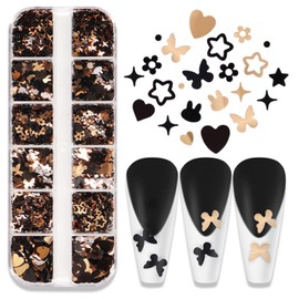 Nail Art Glitter Sequins, Gold and Black 3D Glitter Nail Flakes Designs, Heart Butterfly Stars Flowers Rabbit Sparkly Nails Supplies for Women Girls Manicure Charms Decorations, Shiny Resin Nail Art