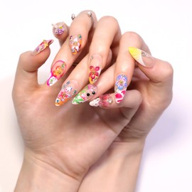 ONPRESS 24Pcs Pink Flower Press on Nails Medium Almond Fake Nails with 3D Colorful Floral Butterfly Rhinestones Design Yellow Purple Leopard French Tip Acrylic False Nails Stick on Nails for Women