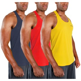 DEVOPS 3 Pack Men's Y-Back Dri Fit Muscle Gym Workout Tank Top (Medium, Charcoal/Red/Yellow)