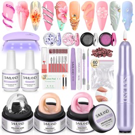 SAVILAND Solid Builder Nail Gel with Nail Drill: 3pcs Non-Sticky Clear White Pink 3D Naiil Gel with U V Light Chrome Nail Powder for Nail Extension 3D Sculpture Nail Art Beginners DIY