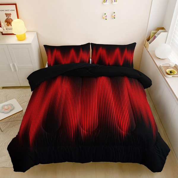 QOOMO Red Black Abstract Kids Comforter Sets Boys,Geometric Lines Boys