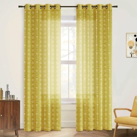Mustard Yellow Retro Curtains 70s MCM Funky Boho Sheer Spring Colorful Curtains for Living Room Bedroom,96 Inches Long,Yellow and White