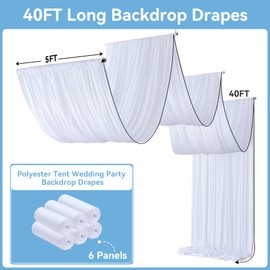 6Panels White Wedding Drapes, 5ftx40ft Wrinkle Free Tent Draping Curtains, Fabric Canopy Ceiling Drapes for Ceremony Birthday Theme Parties with Rod Pocket