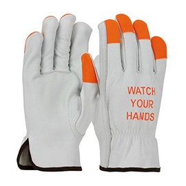 PIP Economy Grade Top Grain Cowhide Leather Drivers Glove with Hi-Vis Fingertips and "WATCH YOUR HANDS" Logo Keystone Thumb 68-162HV Natural XL (Pack of 12)