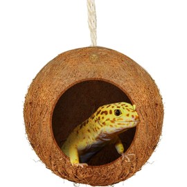 Leopard Gecko Coconut Reptile Hide, Accessories for Tank or Patio, Nesting House for Finch, Canary, Sparrows’ Feeder, 2.5" Opening, 4" Jute Hanging Loop Included