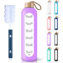 PROBTTL 32 Oz Borosilicate Glass Water Bottle with Time Marker Reminder Quotes, 1 Liter Leak Proof Reusable BPA Free Motivational Water Bottles with Silicone Sleeve and Bamboo Lid