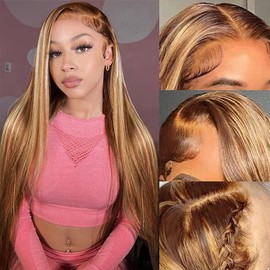 XZZ 32 Inch Ombre Highlight Lace Front Wig Human Hair 13x4 HD Lace Front Wigs Pre Plucked With Baby Hair Honey Blonde 4/27 Color Straight Balayage Lace Front Wigs 200% Density Glueless Frontal Wig