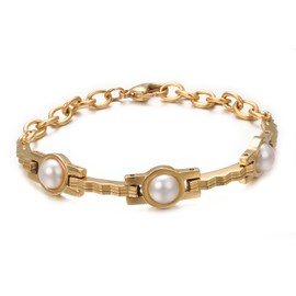 VISSEN Stretch Women's Tennis Sweet Water Pearl Bracelet Stainless Steel Chain Girls Zirconia Pearl Jewellery Bracelets Chunky Stacking Wide Gold-Plated Bracelets, Stainless Steel