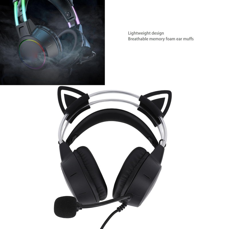 Lightweight Gaming Headset with Detachable Cat Ears, Noise Concealing RGB