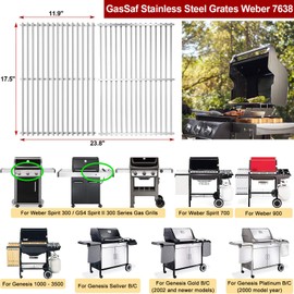 GasSaf 304SS Grill Grates 17.5 for Weber Spirit 300 and GS4 II 300, Cooking Grates 7638 for Genesis Silver/Gold/Platinum B & C, Genesis 1000-3500, Spirit 700, Weber 900, Grill Parts 7639 65906 7525