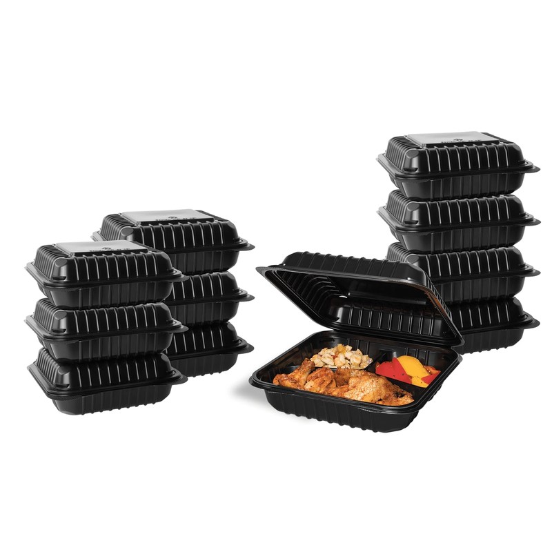 Karat 8'' x 8" Black PP Hinged Container, 3 compartment
