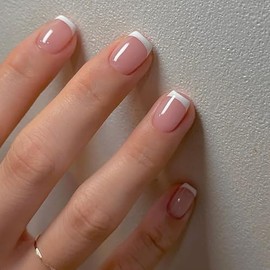 Uñas Postizas Cuadradas Cortas Con Diseños Presión, Uñas Postizas Blancas Con Punta Francesa, Uñas Postizas Rosas Nude Para Otoño, Uñas Acrílicas Post