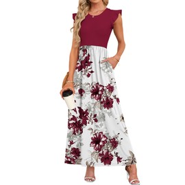 MISFAY Women's Ruffle Sleeve Maxi Dresses Casual Crewneck Long Dress with Pockets(Red Flower White,L)