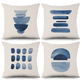 ASDCXZ Boho Kissenbezug 40x40 cm 4er Set, Modern Aquarell Halbkreis Muster Beige Blau Sofa Dekokissen Kissenbezüge Kissenhülle Waschbar Polyester Flachs Textil Polster Kopfkissenbezug Kissen Bezug