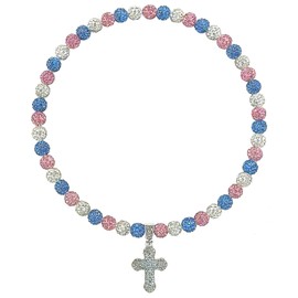 Baseball Necklace for Men Boys 18 Inch Ice Collection Cross Pendant Necklace for Women Rhinestone Clay Beaded Discoball Baseball Accessories gift for Baseball Team Players Lovers-White/Blue/Pink