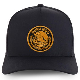Trendy Apparel Shop Durango Mexico Circular Patch Structured 5 Panel Pro Style Mesh Back Cap - Black - Gold Patch