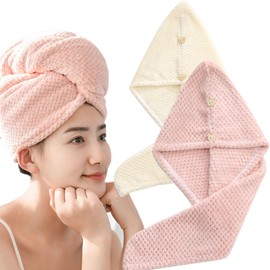 PRETOLE Hair Dry Towel, Dry Cap, Set of 2, Extra Thick, Quick Drying, Super Absorbent, Lightweight, Fluffy, Texture, Super Soft, Hair Care, Hair Towel, Hair Drying, Fluffy, For Long Hair, Hair Turban,