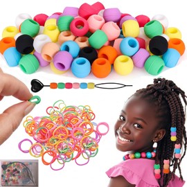 100pcs Silicone Hair Beads for Kids Girls, 5mm Silicone beads for hair with 50 Elastic Rubber Bands, 1 Plastic Quick Beader and 1 container, Soft beads for hair braids kids, Teens. (10 Colors)