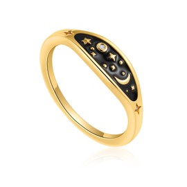 SLOONG 14K Gold Plated Starry Night Sky Ring, Celestial Blue Enamel Statement Rings, Moon and Star Planet Night Space Jewelry for Women #7