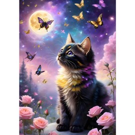 GDYEEH Kitten Diamond Painting Adults, 5D Moon Cat Diamond Art Pictures Beginners, DIY Butterfly Round Full Drill Diamond Painting Embroidery Cross Stitch Gifts Home Wall Decor 30 x 40 cm