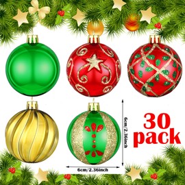 Hungdao 30 Pcs 2.36" Christmas Ball Ornaments Glittering Plastic Red Green Hanging Swirl Christmas Ball Ornaments Decorations Painting Ball Baubles Set for Xmas Tree Pendants Party Home Decor