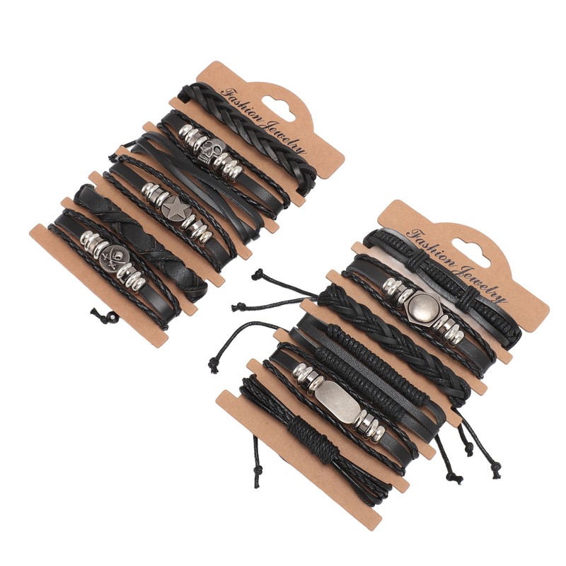 12PCS Braided Faux Leather Bracelet Set Multilayer Vintage Rock Style