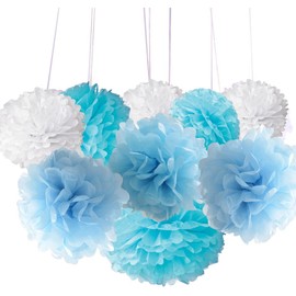 18pcs Tissue Hanging Paper Pom-poms, Flower Ball Wedding Party Outdoor Decoration Premium Tissue Paper Pom Pom Flowers Craft Kit, 8"/ 10"/ 12" (Blue)