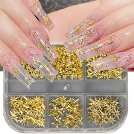 6 Grids Star Nail Charms for Nails Art 3D Metallic Gold Star Nail Charms Studs Rhinestones Star Nail Jewelry Decorations Manicure Kit Nails Art Supplies Accessories for Women Acrylic Nails Decorations