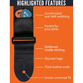 Pro Tec GSS1 Seatbelt Guitar Strap with Thick Leather Ends and Pick Pocket