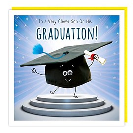 Tracks Publishing Son Graduation Congratulations Card - Happy Mortarboard Hat on Stage with 3D Embellishments - Handfinished & Eco-Friendly - Made in the UK