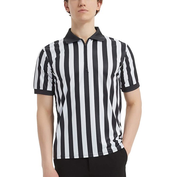 TOPTIE Men&#39;s Sports Referee Clothing Pro Style Referee Shirt With Quarter Zipper Basketball Soccer - Black - XL