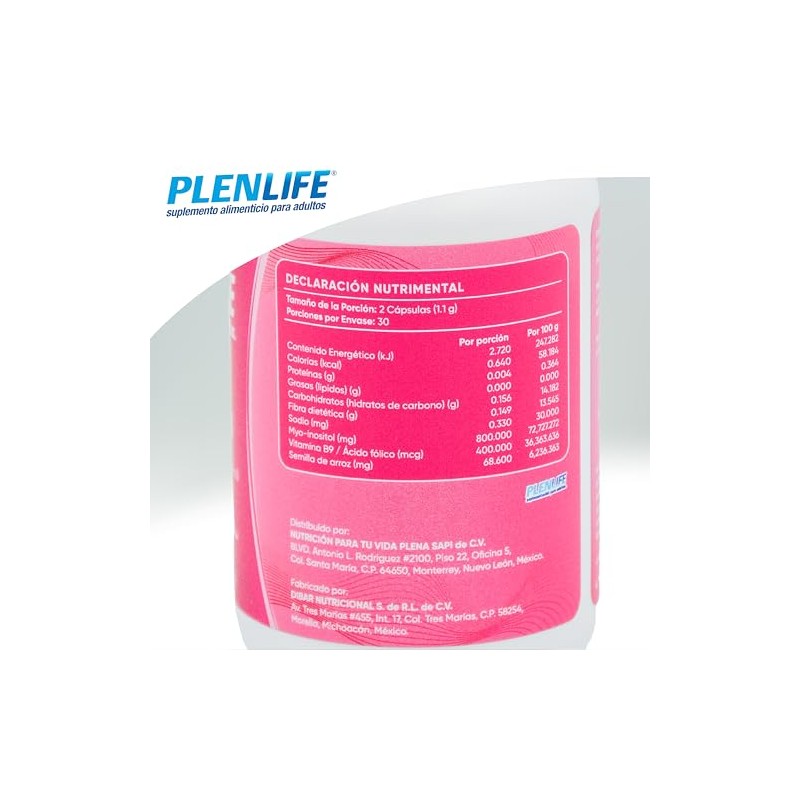 Plenlife Myo Inositol Vitamina Semilla Arroz Cápsulas