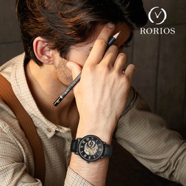 rorios Men's Watches Mechanical Automatic Watch Luminous Watches with Leather Strap Skeleton Military Watch, Black Gold B, Strap.