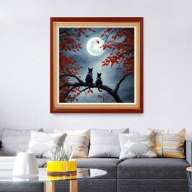 Foxhool Stamped Cross Stitch Kits,11CT Printed Cross Stitch Pattern Full Embroidery Kits for Beginner Needlepoint Kits&Two Cats Admiring The Moon 18x18 inch