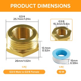 Lyeteung Brass Reducer G3/4 Male Thread to G3/8 Female Thread, Brass Reducer Thread Fitting, Hexagonal Brass Converter with Raw Material Band, Used for Pipe Connection