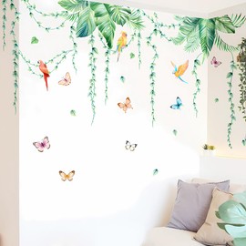 SSyang Wandtattoo Pflanzen, Wandtattoo Dschungel, Wall Stickers Tropische Blätter Pflanzen, Wandsticker Vogel Schmetterling, Wandaufkleber für Kinderzimmer, Wohnzimmer, Küche (120cmx80cm)
